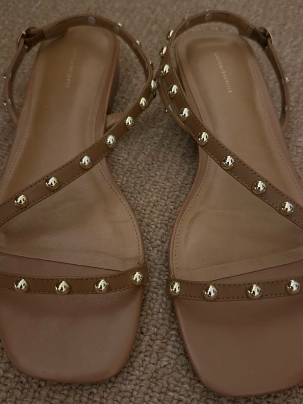 Anthropologie brown leather, gold studded, flat sandals, Euro size 39